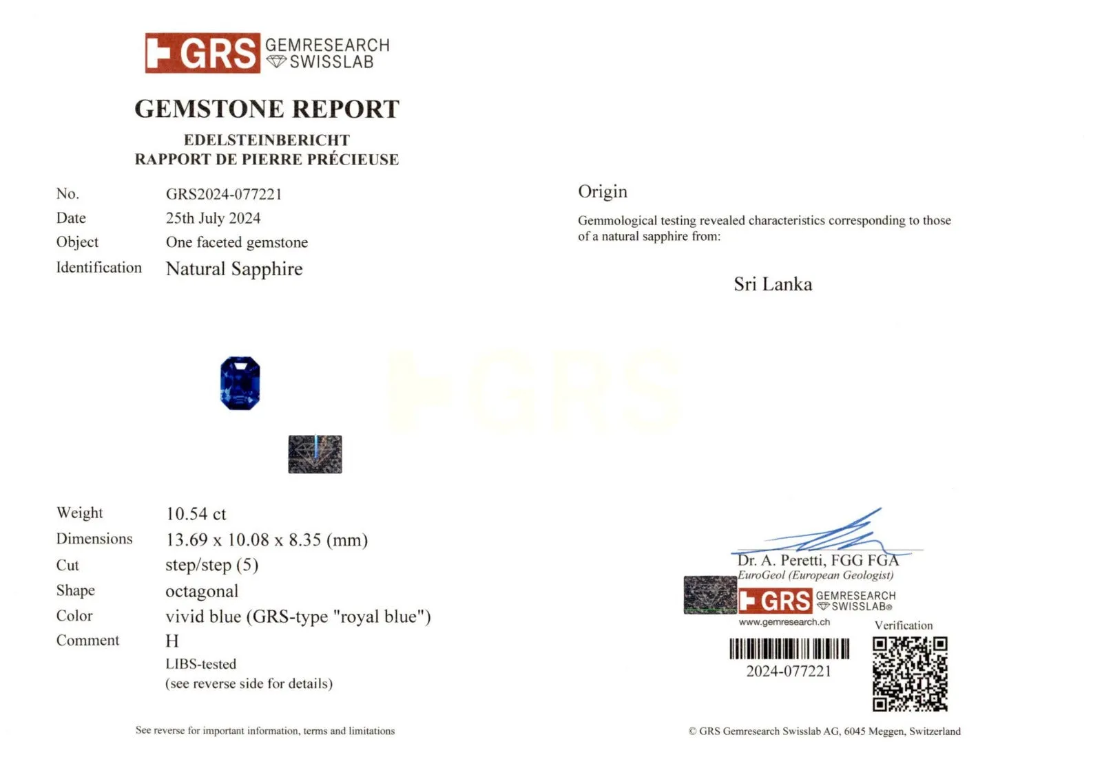 10.54 Carat GRS Cushion Step Cut Vivid / Royal Blue Natural Sapphire