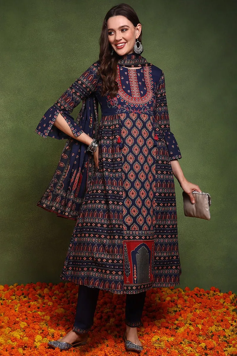 Ahika Navy Blue Pure Cotton Ethnic Motifs Printed A-Line Suit Set