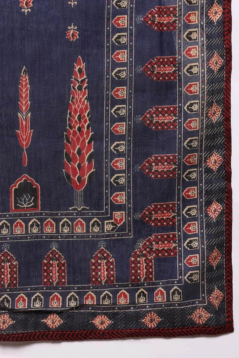 Ahika Navy Blue Pure Cotton Ethnic Motifs Printed A-Line Suit Set