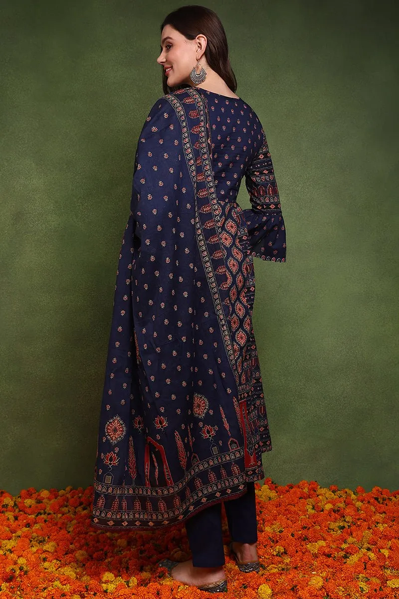 Ahika Navy Blue Pure Cotton Ethnic Motifs Printed A-Line Suit Set