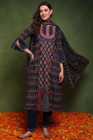 Ahika Navy Blue Pure Cotton Ethnic Motifs Printed A-Line Suit Set
