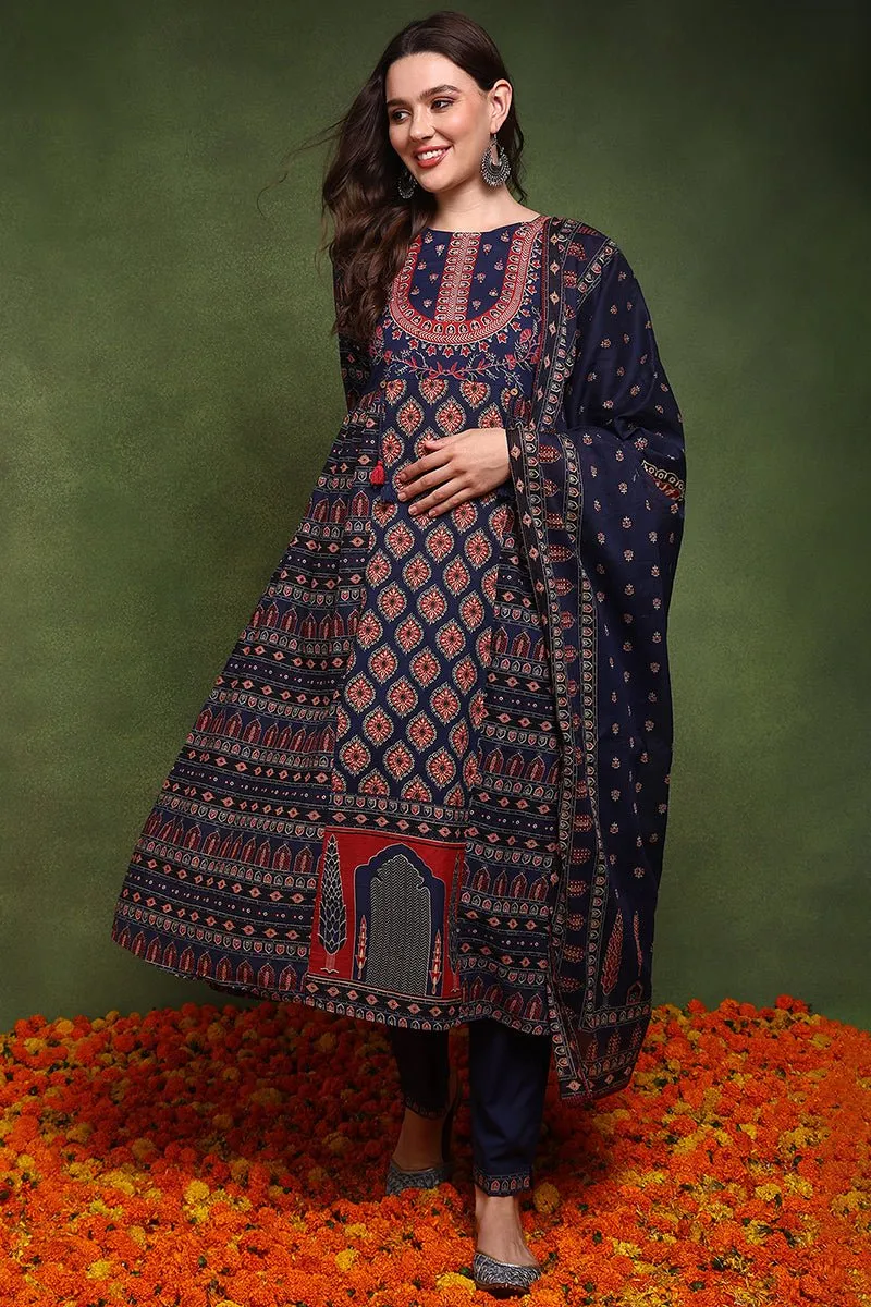 Ahika Navy Blue Pure Cotton Ethnic Motifs Printed A-Line Suit Set