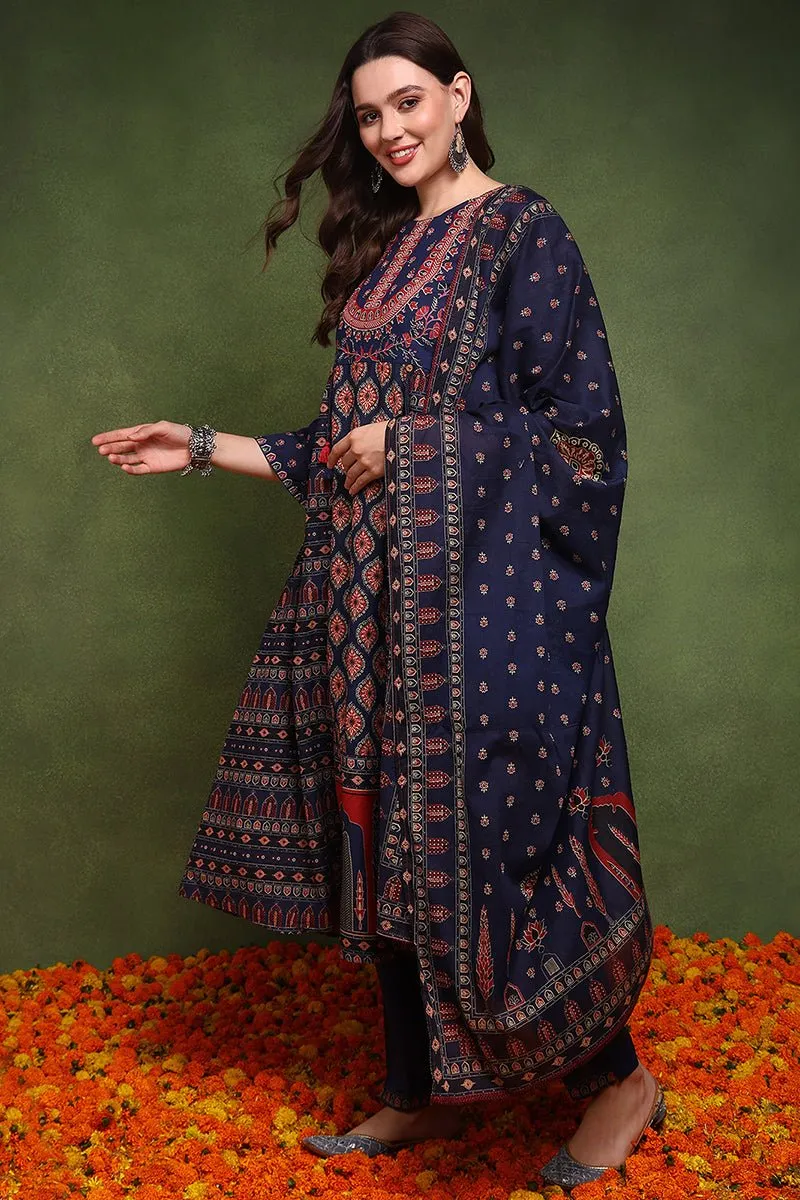 Ahika Navy Blue Pure Cotton Ethnic Motifs Printed A-Line Suit Set