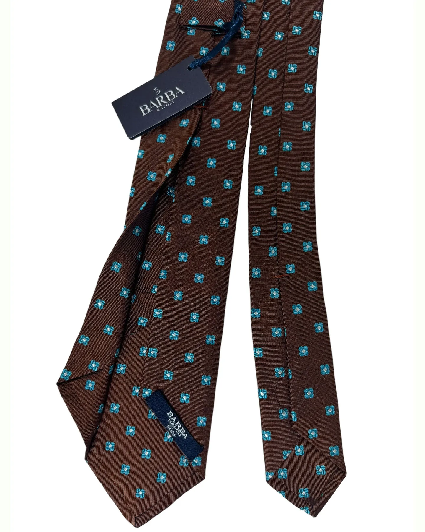 Barba Sevenfold Tie Brown Aqua Silver Mini Geometric Design - Sartorial Neckwear