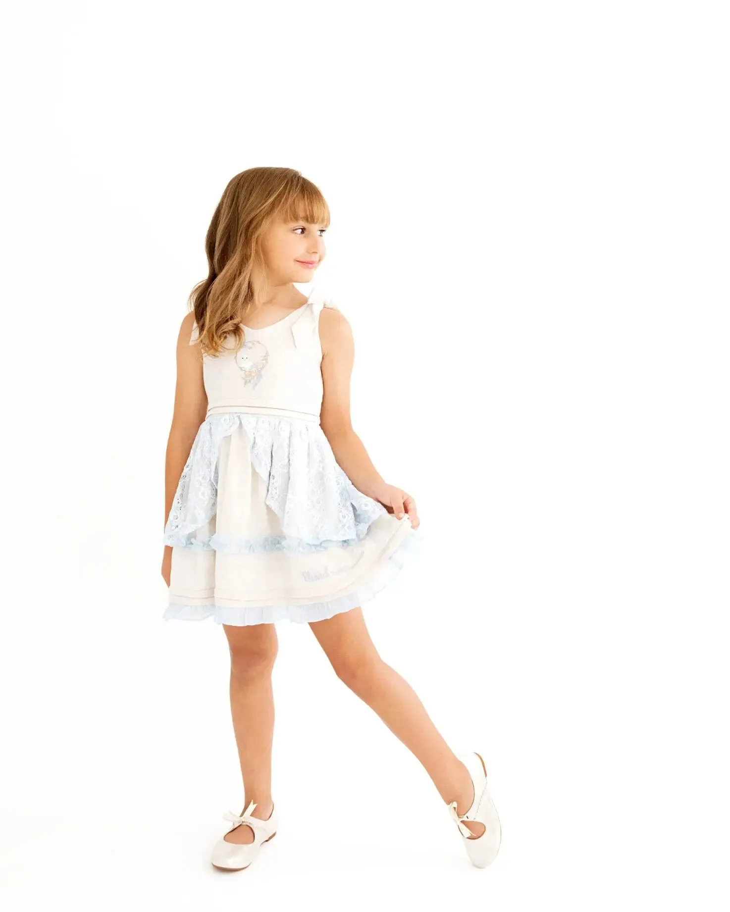 Blessed Assurance Wheat and Baby Blue Embroidered Lace Detail Dress