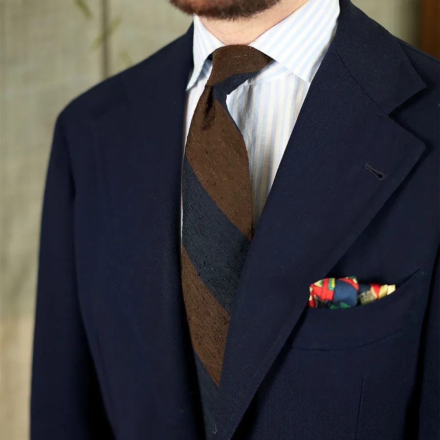 Block Stripe Shantung Silk Tie - Navy / Brown - Hand-Rolled