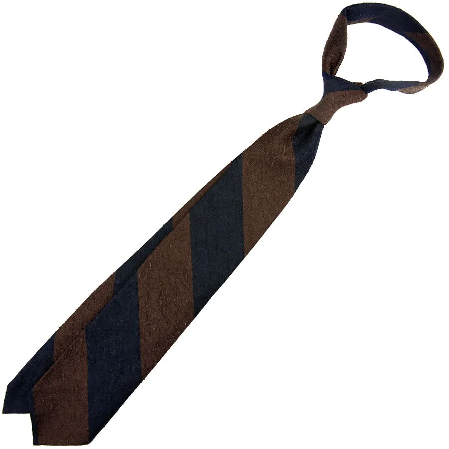 Block Stripe Shantung Silk Tie - Navy / Brown - Hand-Rolled