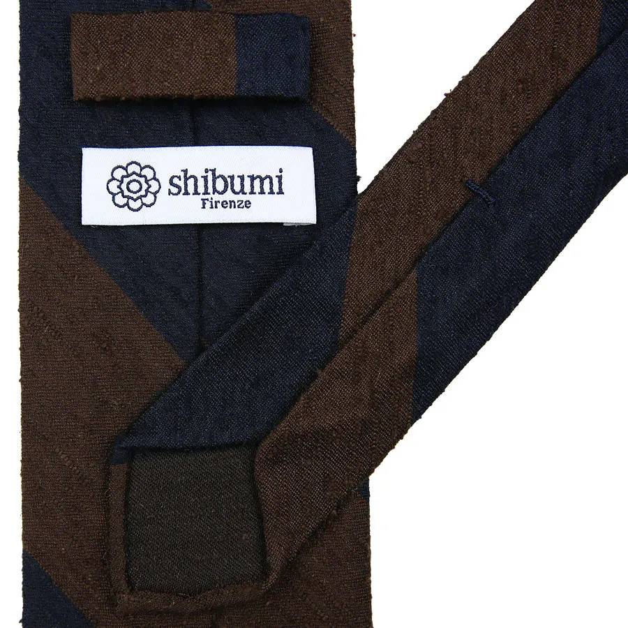 Block Stripe Shantung Silk Tie - Navy / Brown - Hand-Rolled
