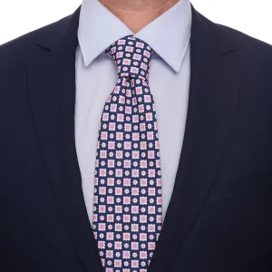 Blue Pink and White Classic Motif Silk Cotton Tie