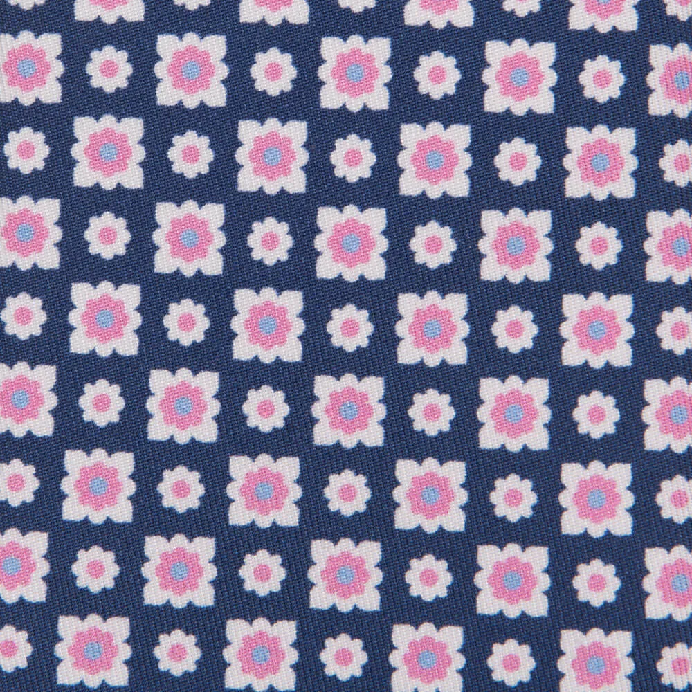 Blue Pink and White Classic Motif Silk Cotton Tie