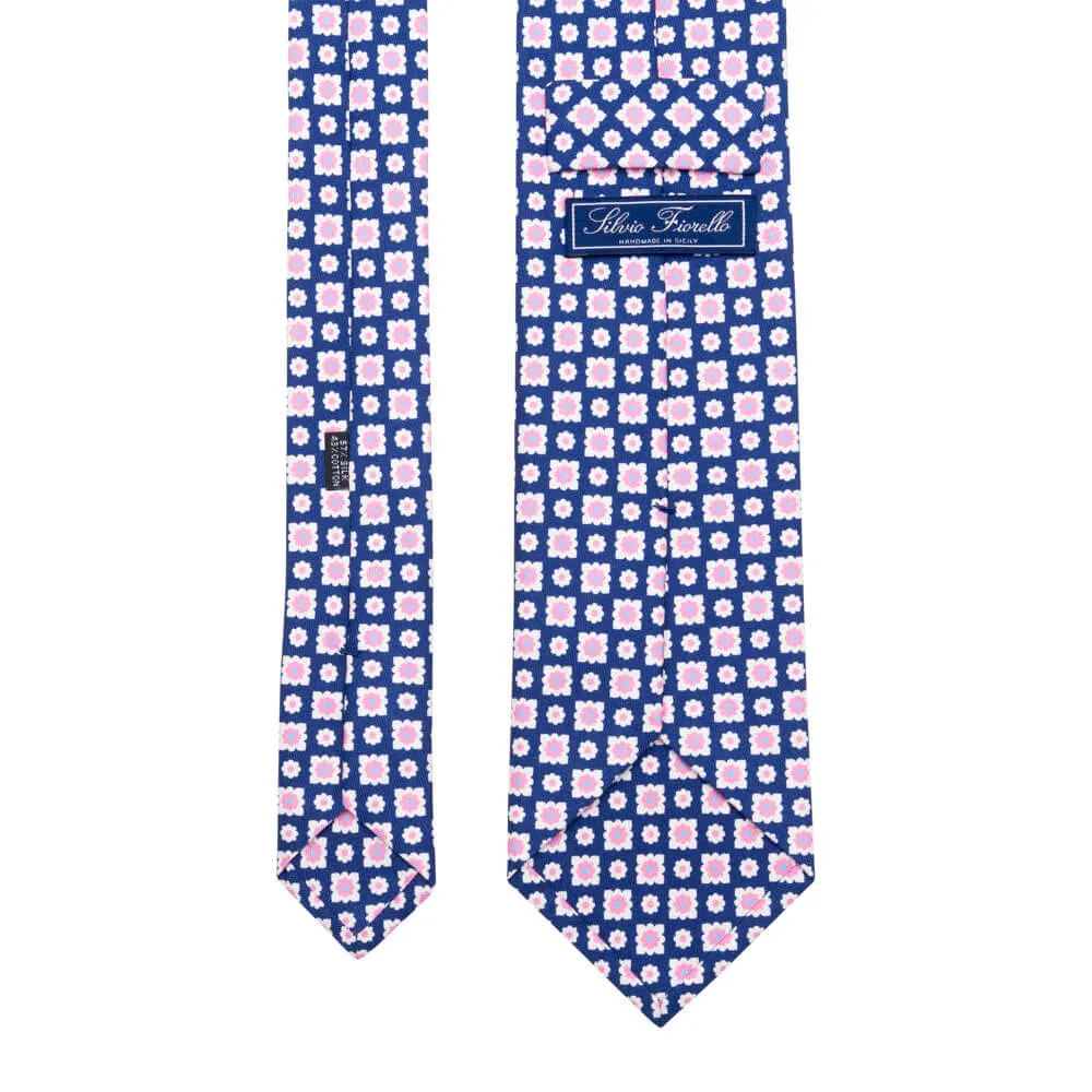 Blue Pink and White Classic Motif Silk Cotton Tie