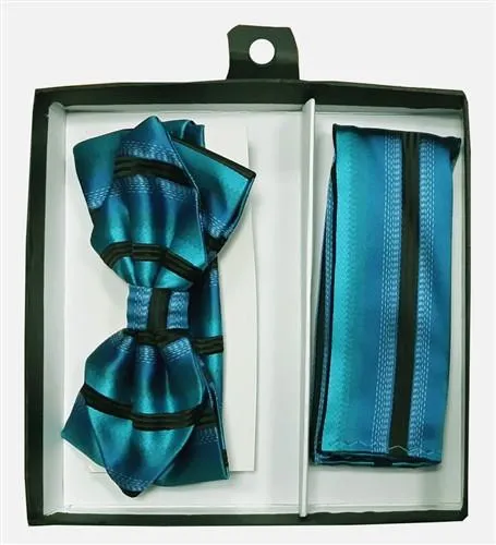 Blue/Black Striped Bow Tie with Pocket Square (Pointed Tip)