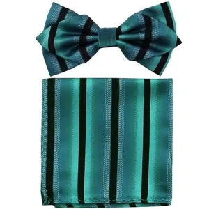 Blue/Black Striped Bow Tie with Pocket Square (Pointed Tip)