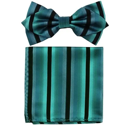 Blue/Black Striped Bow Tie with Pocket Square (Pointed Tip)
