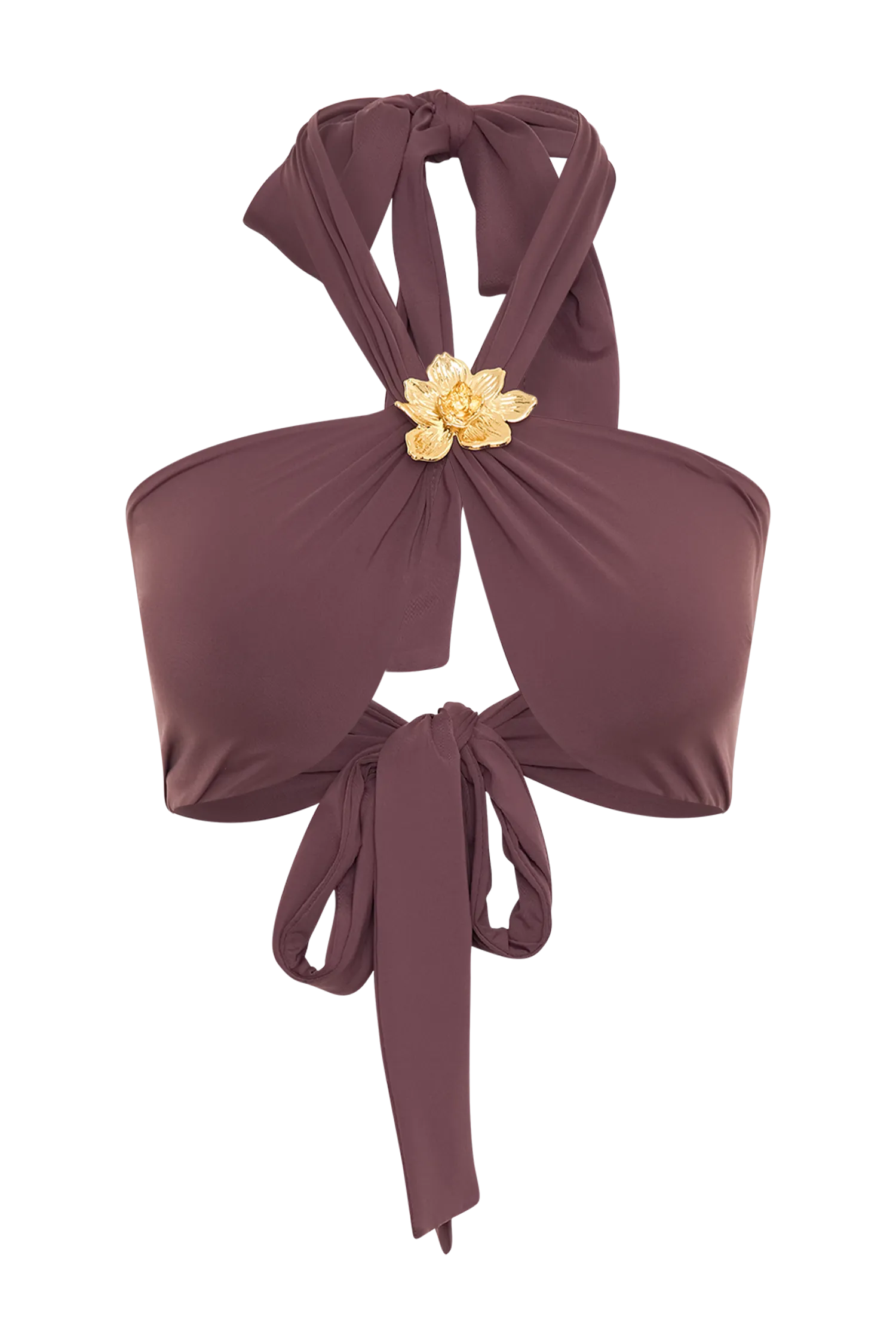 Carissa Floral Hardware Halter Bikini Top - Chocolate
