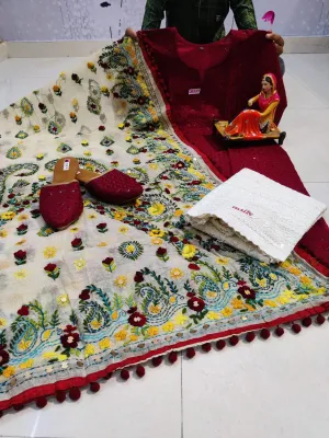 Dark Red Pure Cotton Phulkari Suit with Beautiful Handmade Mirror Work Shopping Online