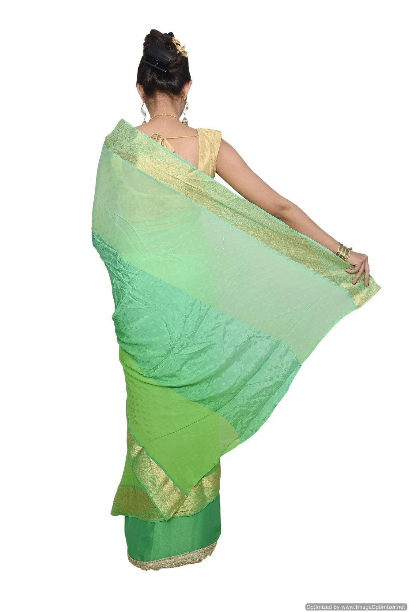 Designer Zari Border Green Silk Chiffon Saree SP06
