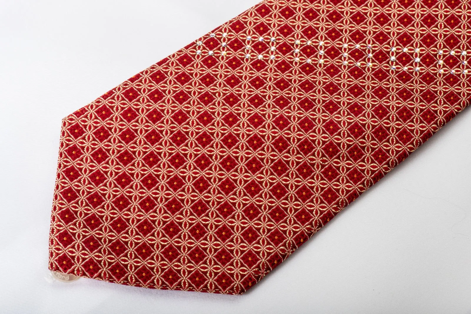 Elegance Rhinestone Silk Necktie Gold Trellis On Red With Gold Sparkles