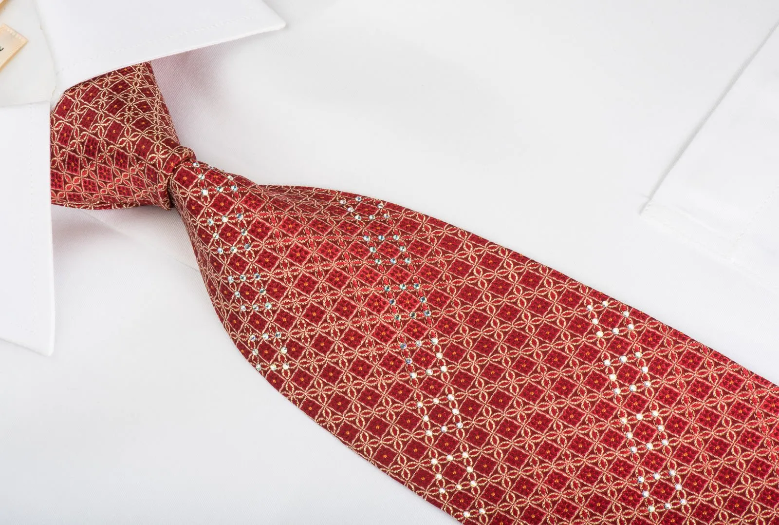 Elegance Rhinestone Silk Necktie Gold Trellis On Red With Gold Sparkles