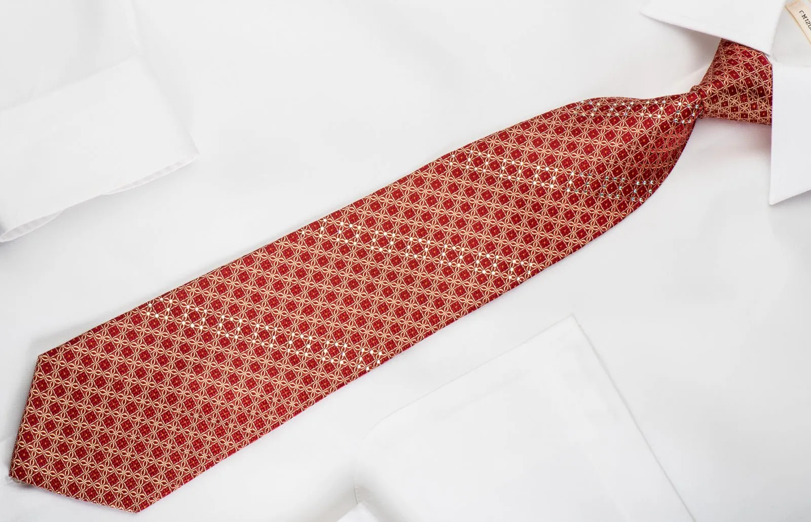 Elegance Rhinestone Silk Necktie Gold Trellis On Red With Gold Sparkles