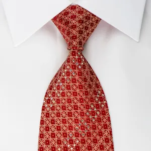 Elegance Rhinestone Silk Necktie Gold Trellis On Red With Gold Sparkles