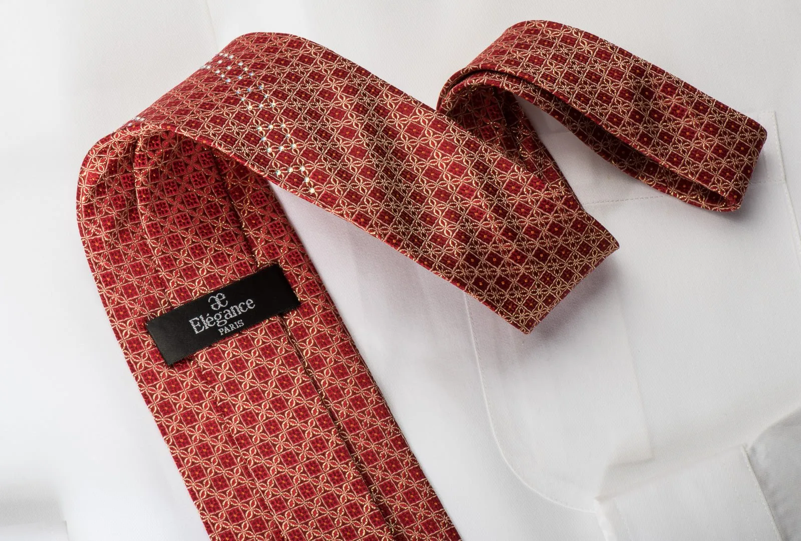 Elegance Rhinestone Silk Necktie Gold Trellis On Red With Gold Sparkles