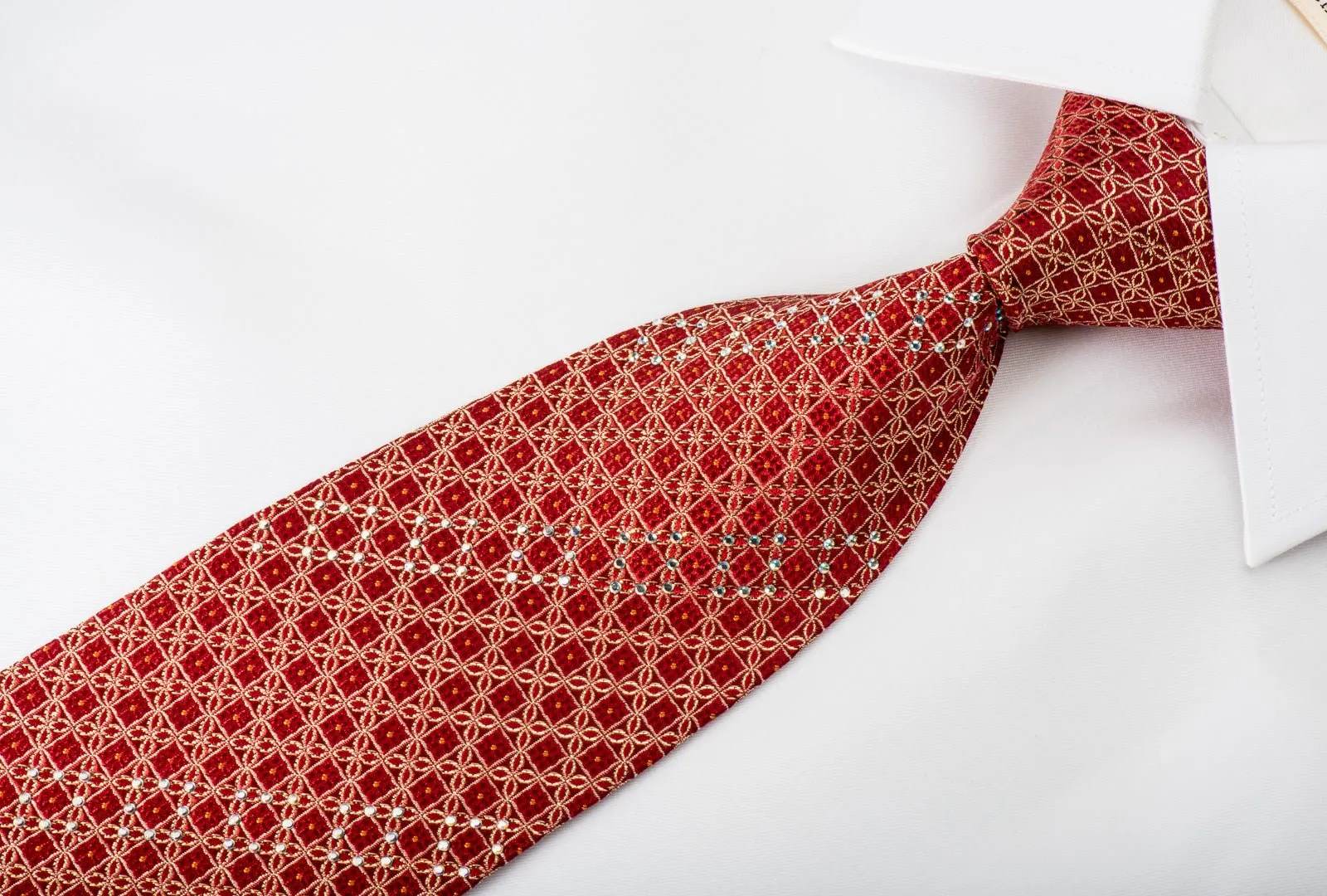Elegance Rhinestone Silk Necktie Gold Trellis On Red With Gold Sparkles
