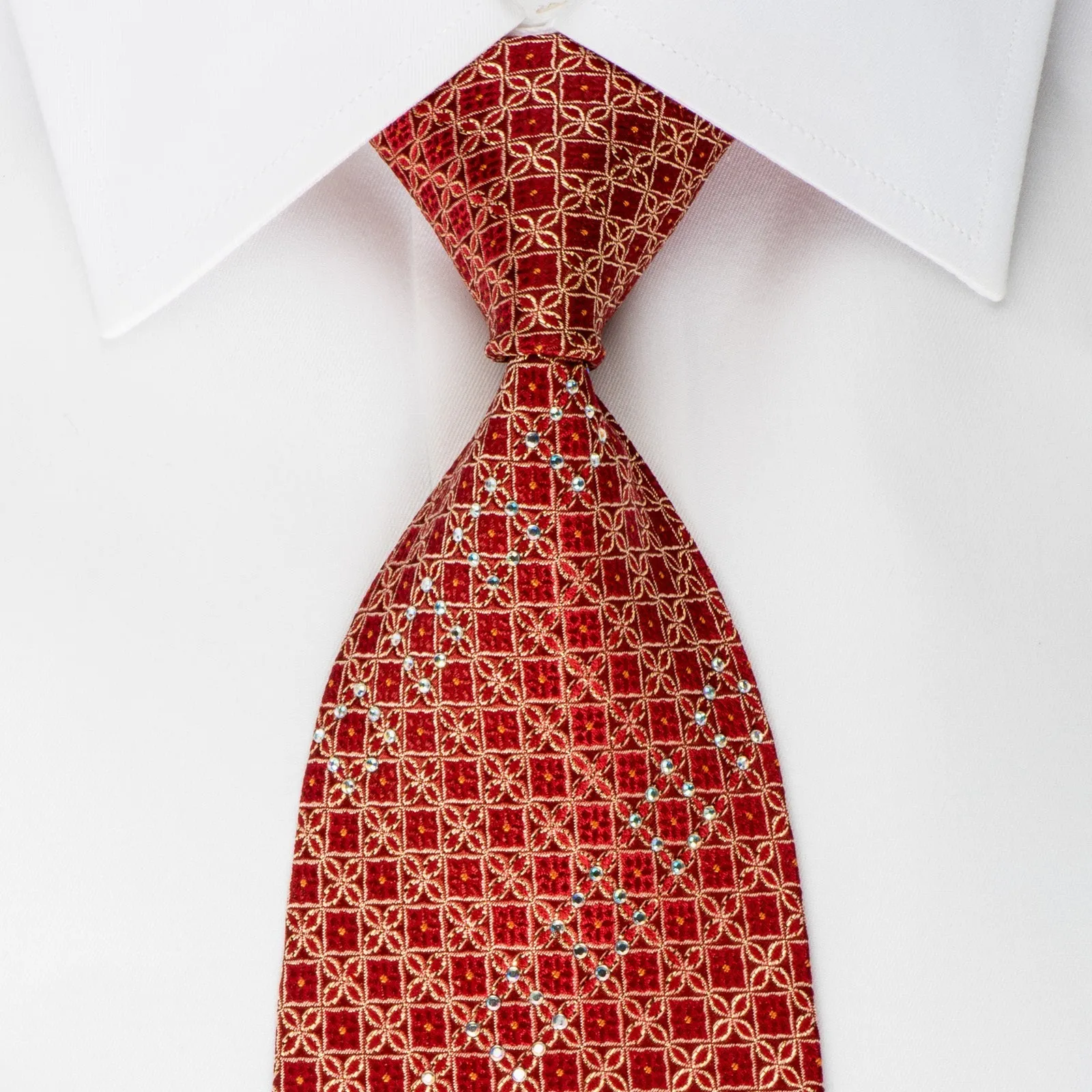 Elegance Rhinestone Silk Necktie Gold Trellis On Red With Gold Sparkles