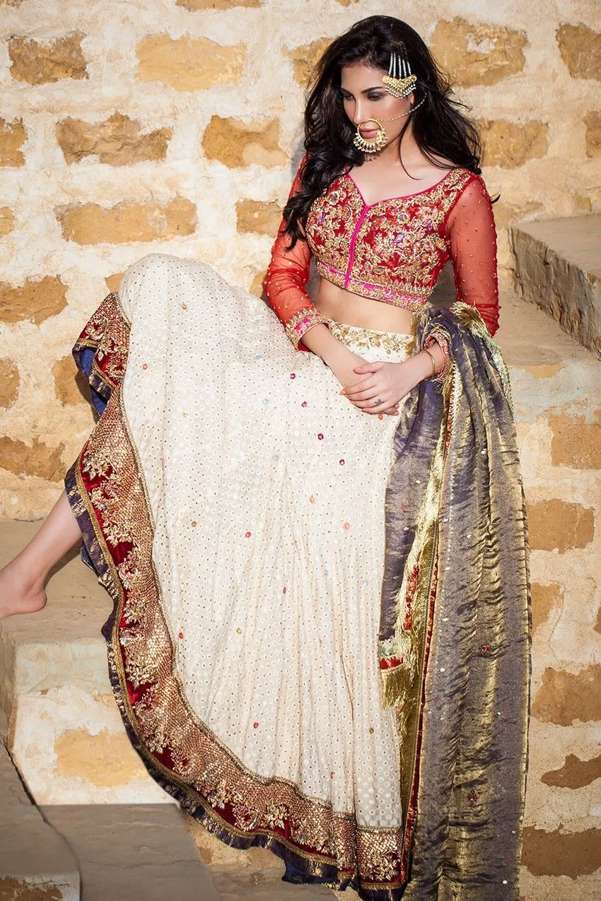Elegant Indian white ghaghra choli dress with red choli # B3319