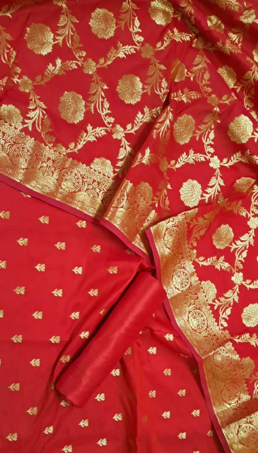 Elegant Red Banarasi Silk Unstitched Suit Set