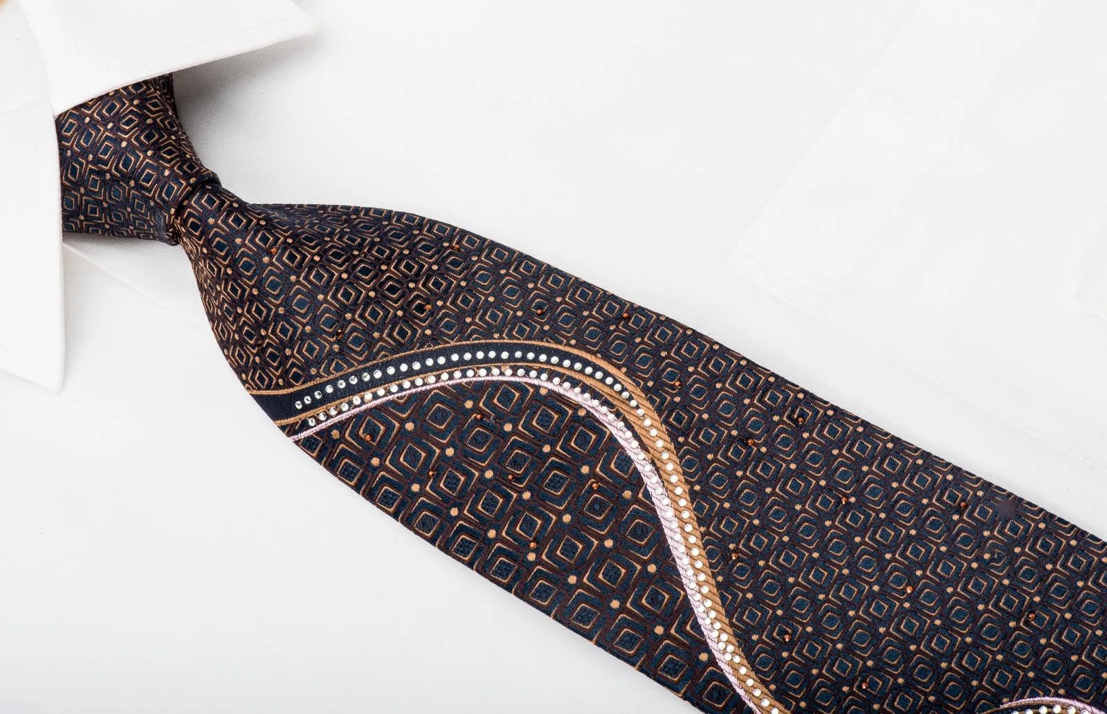 Elle Homme Mens Rhinestone Silk Necktie Orange Wave & Geometric On Navy