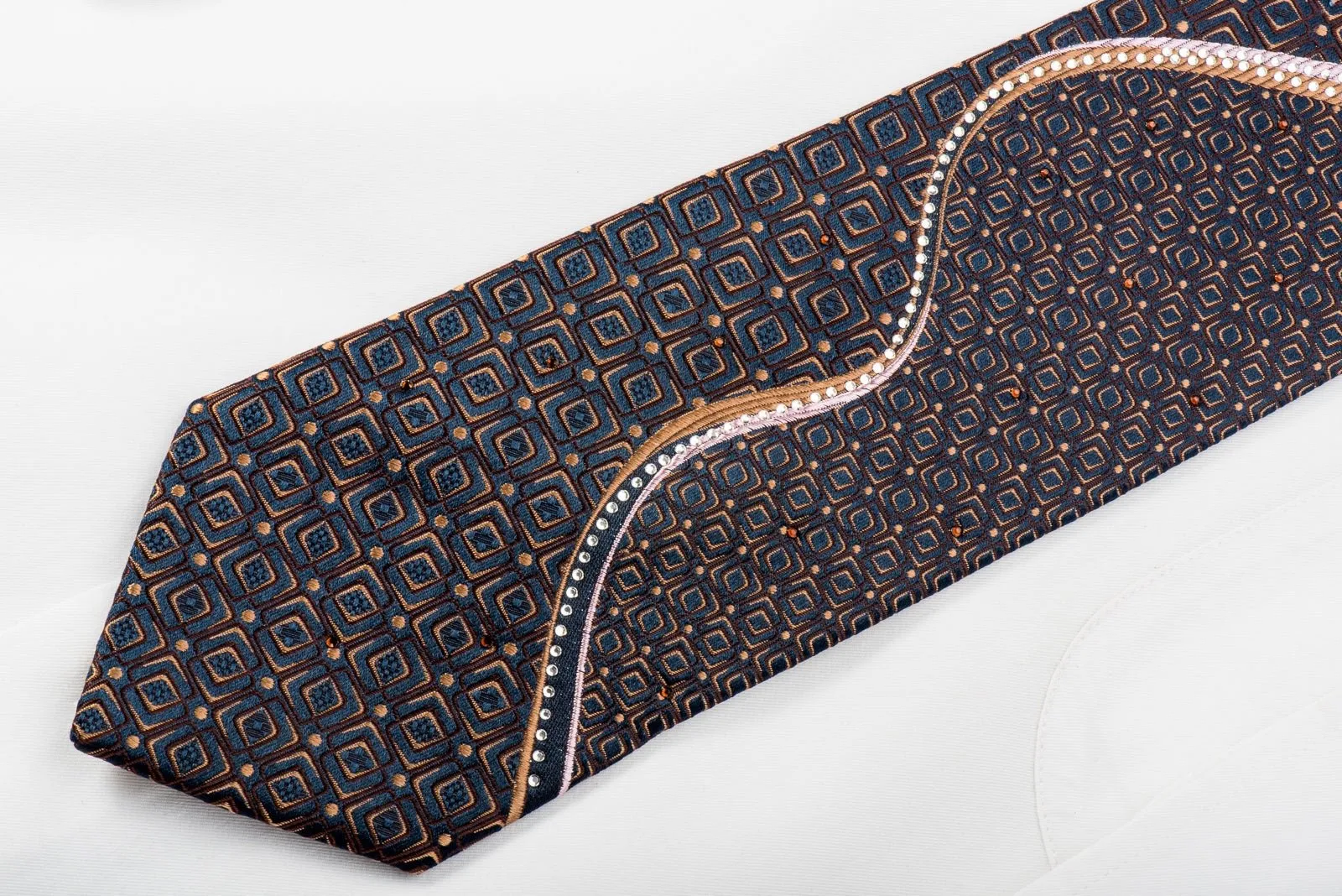 Elle Homme Mens Rhinestone Silk Necktie Orange Wave & Geometric On Navy