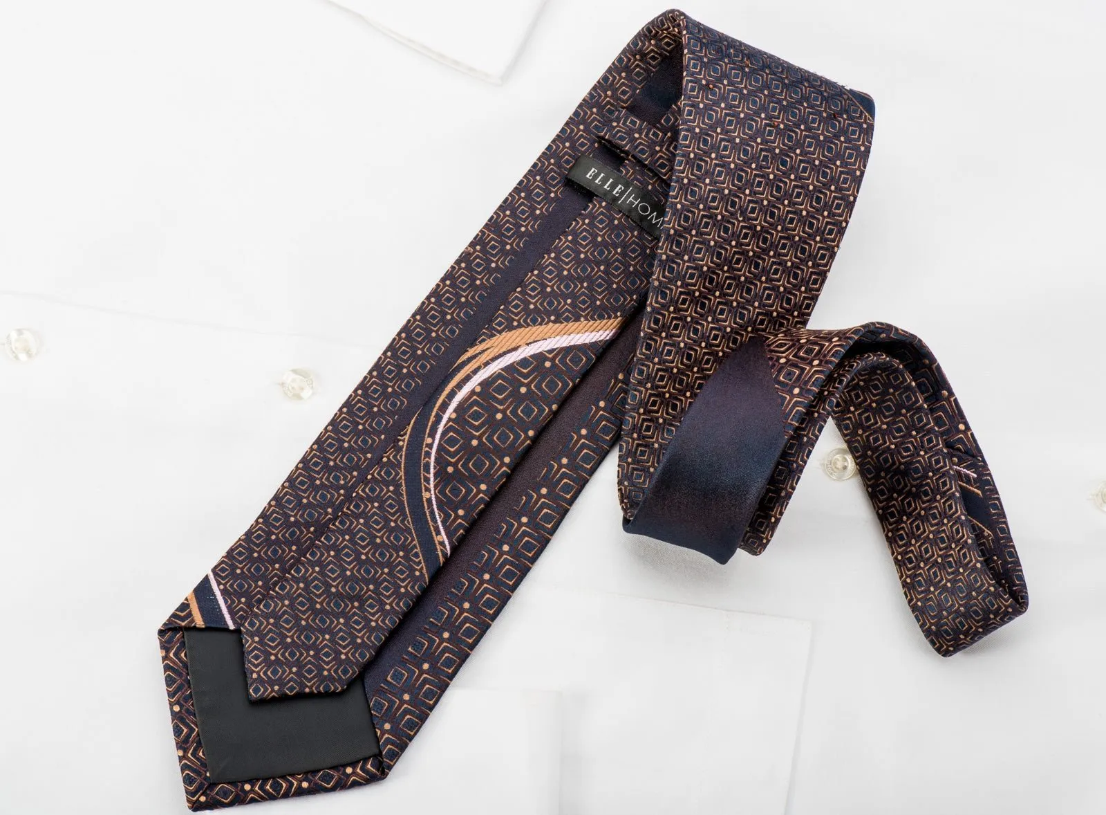 Elle Homme Mens Rhinestone Silk Necktie Orange Wave & Geometric On Navy