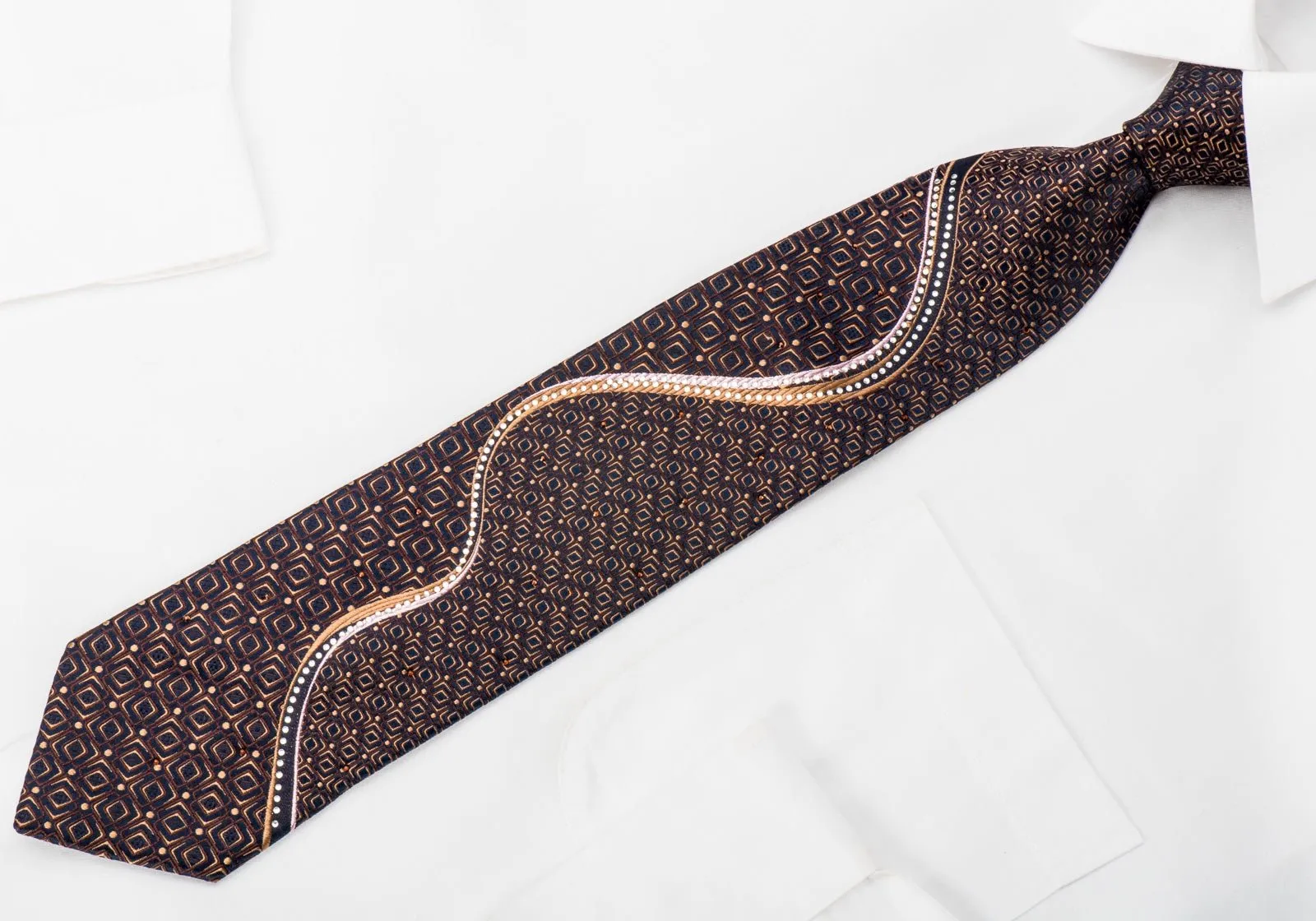 Elle Homme Mens Rhinestone Silk Necktie Orange Wave & Geometric On Navy