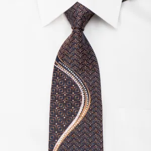 Elle Homme Mens Rhinestone Silk Necktie Orange Wave & Geometric On Navy