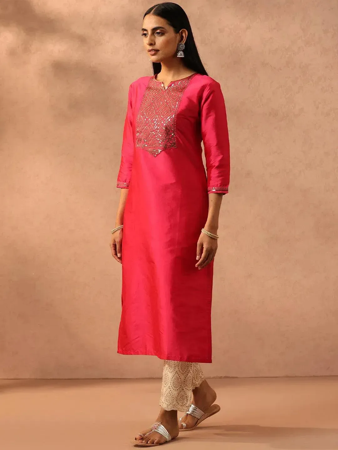 Fuchsia Yoke Design Silk Straight Kurta