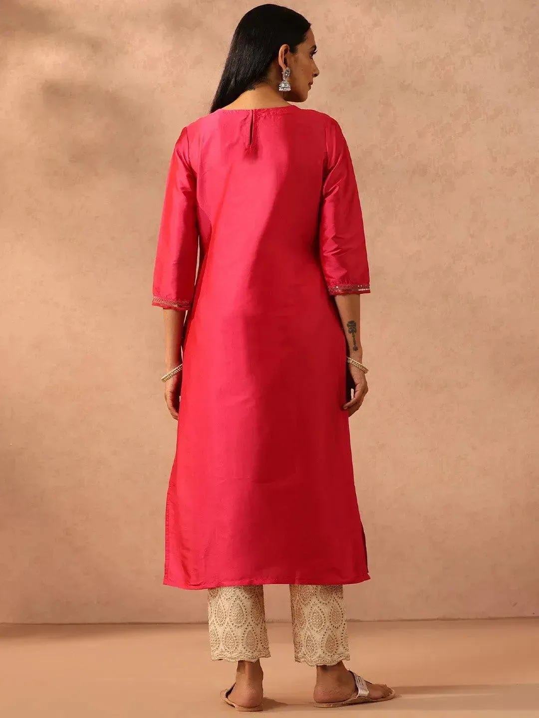 Fuchsia Yoke Design Silk Straight Kurta