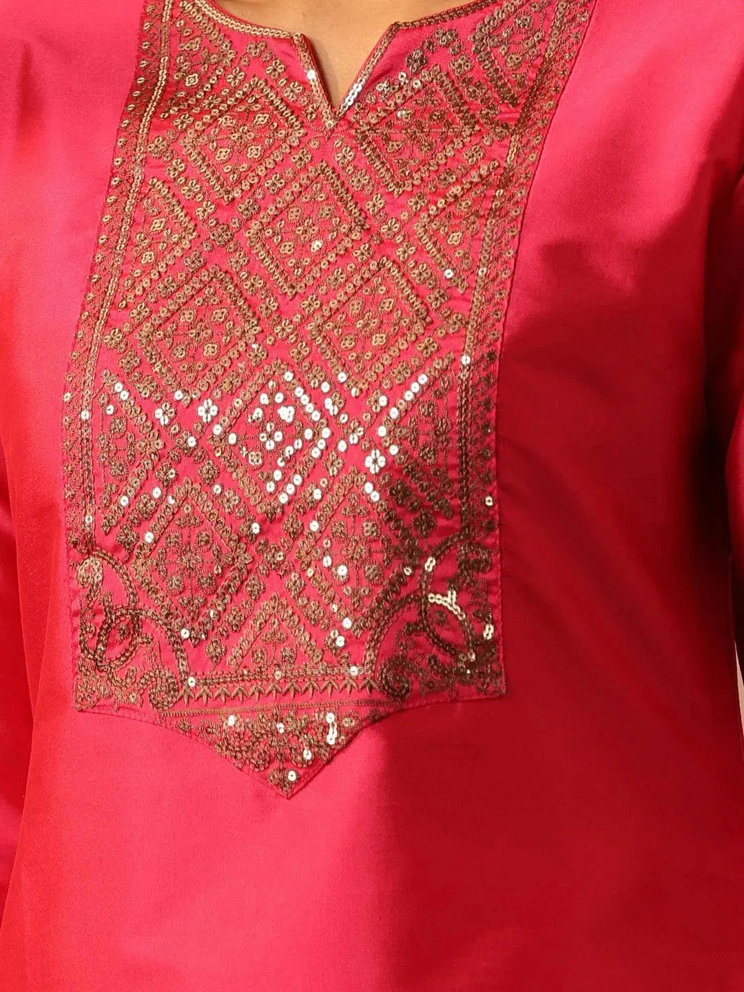 Fuchsia Yoke Design Silk Straight Kurta