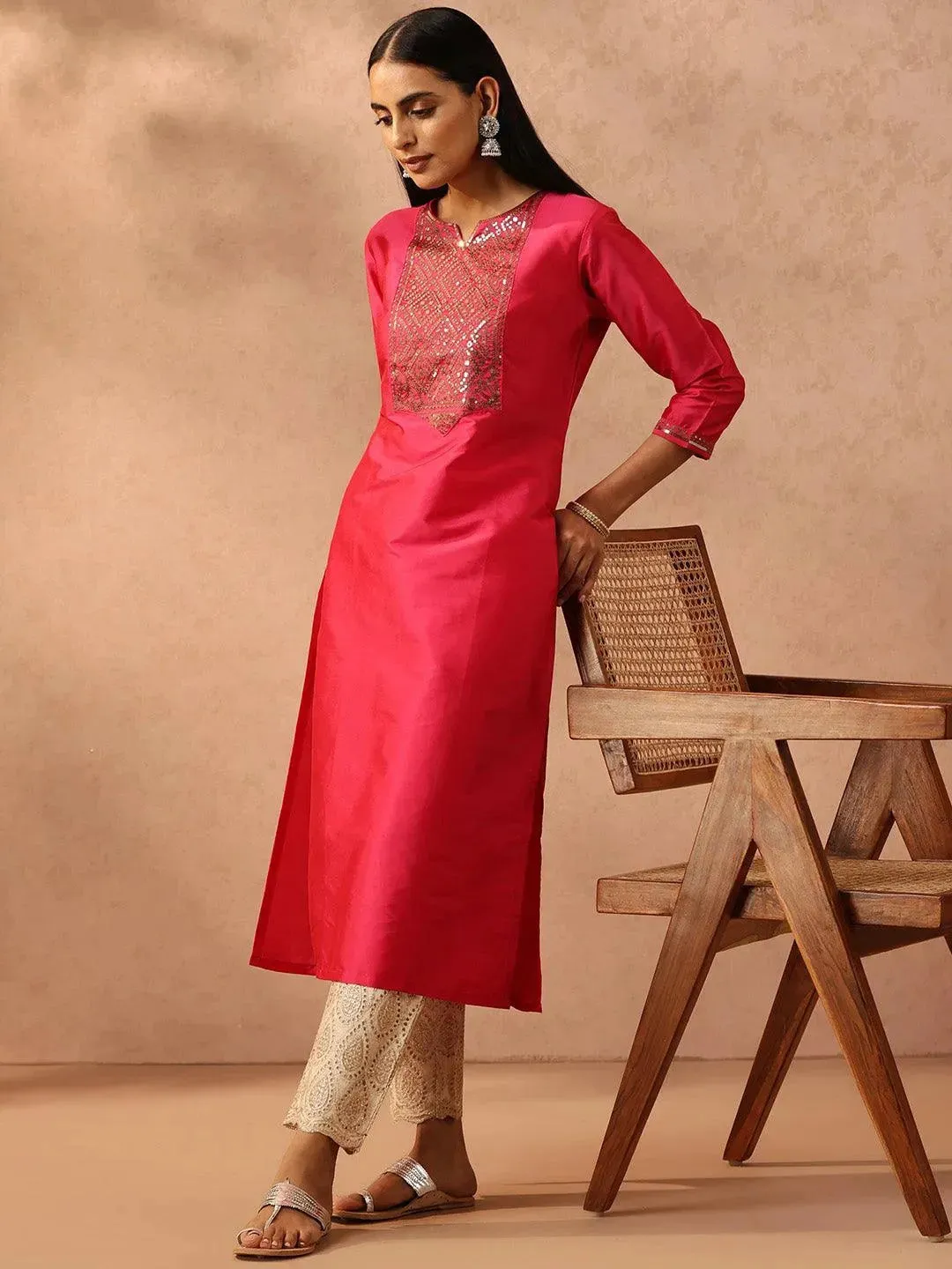 Fuchsia Yoke Design Silk Straight Kurta