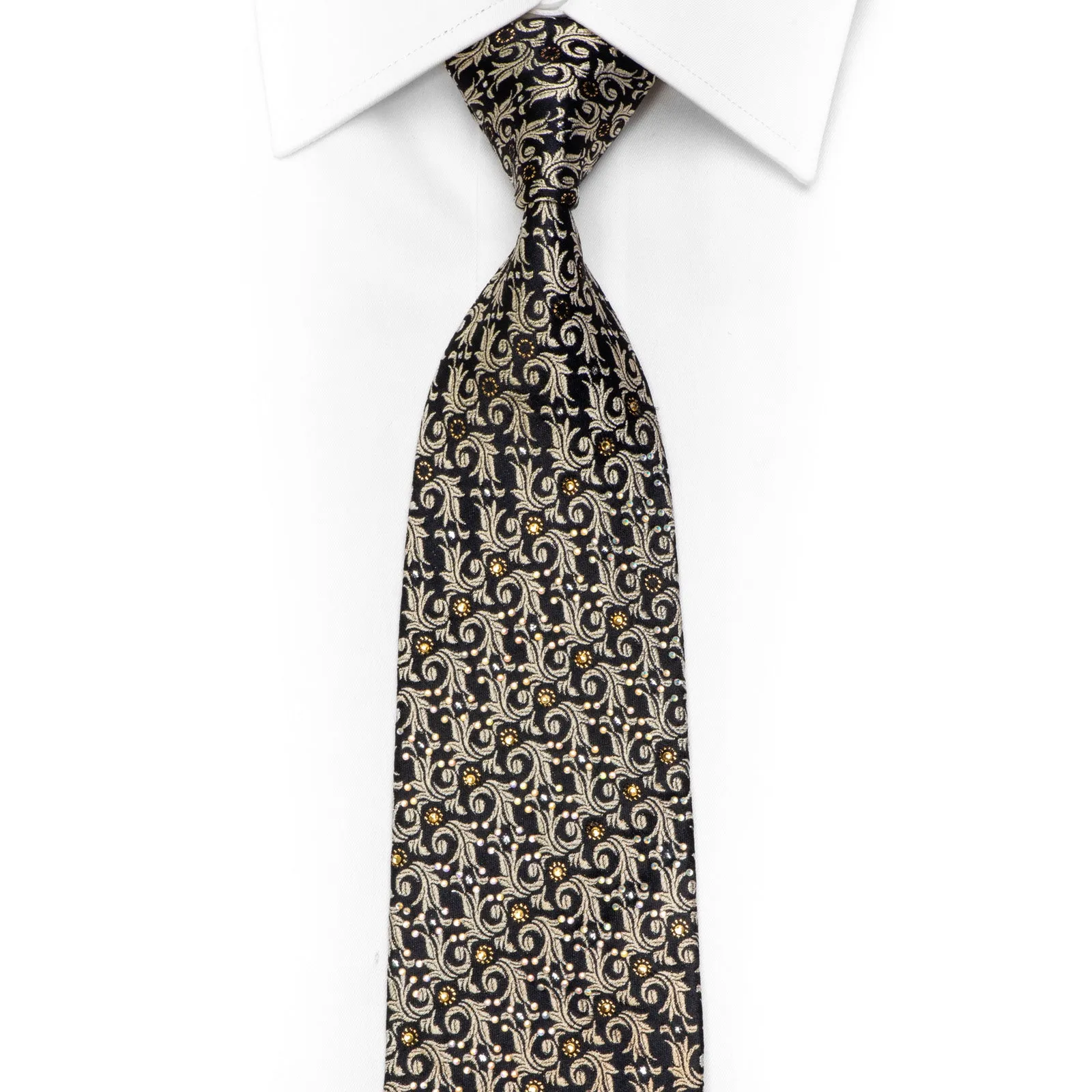 Gold Orange Acanthus On Navy Rhinestone Silk Tie With Gold Sparkles