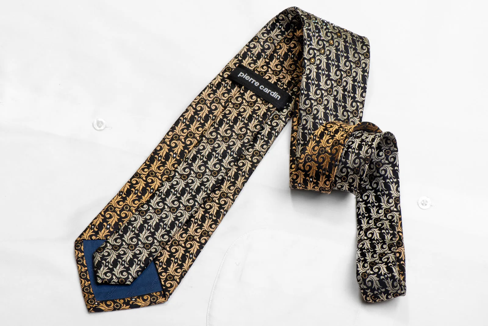 Gold Orange Acanthus On Navy Rhinestone Silk Tie With Gold Sparkles