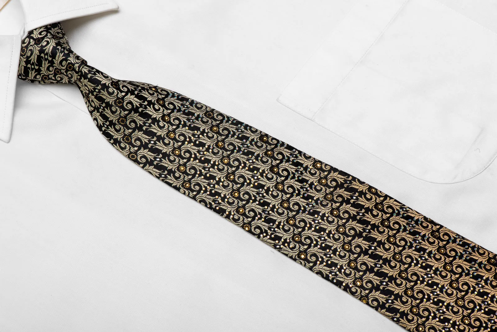 Gold Orange Acanthus On Navy Rhinestone Silk Tie With Gold Sparkles