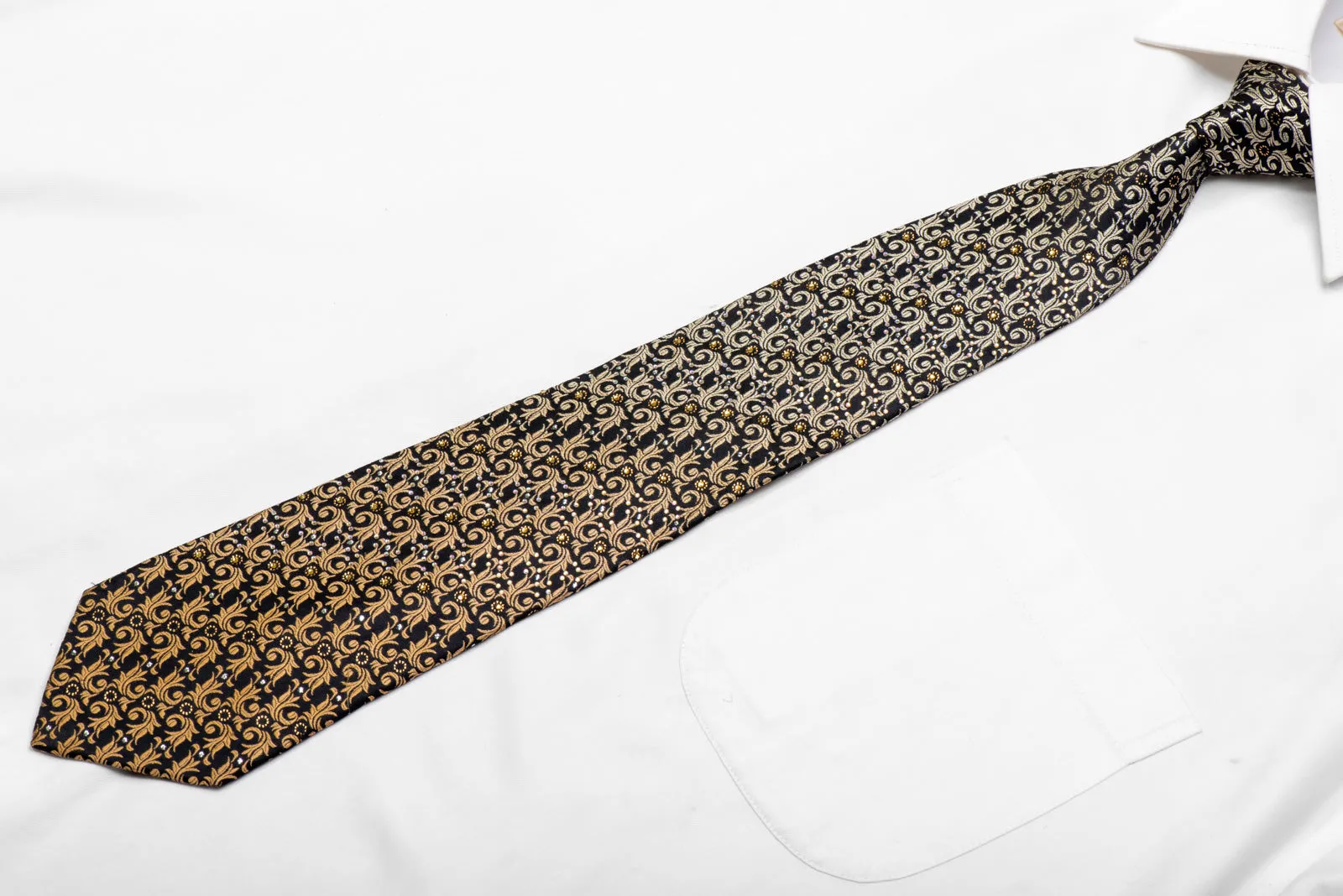 Gold Orange Acanthus On Navy Rhinestone Silk Tie With Gold Sparkles