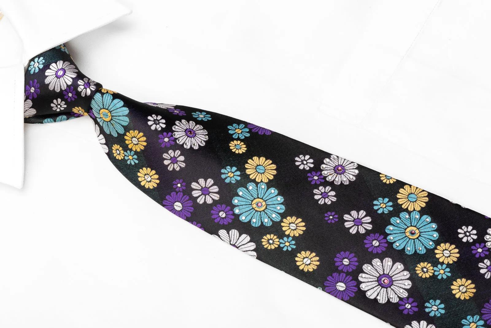 Grang Cia Men's Rhinestone Silk Necktie Floral On Navy With Sparkles