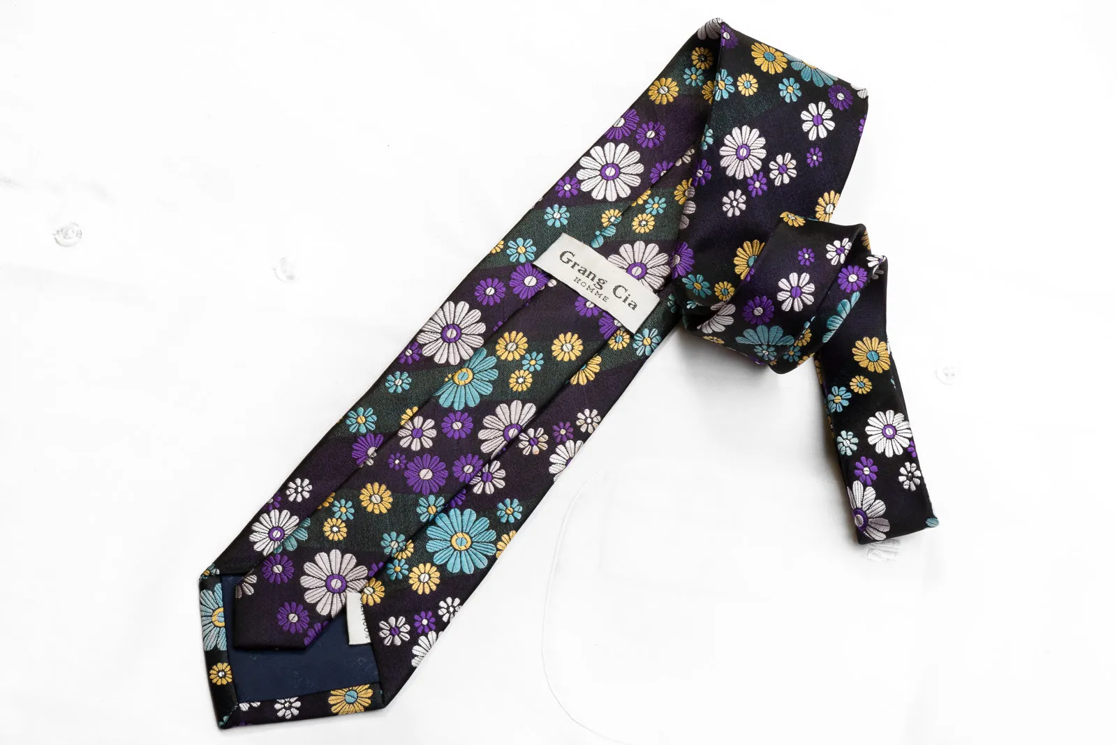 Grang Cia Men's Rhinestone Silk Necktie Floral On Navy With Sparkles