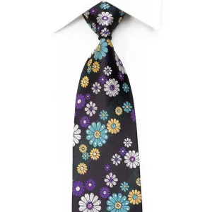 Grang Cia Men's Rhinestone Silk Necktie Floral On Navy With Sparkles