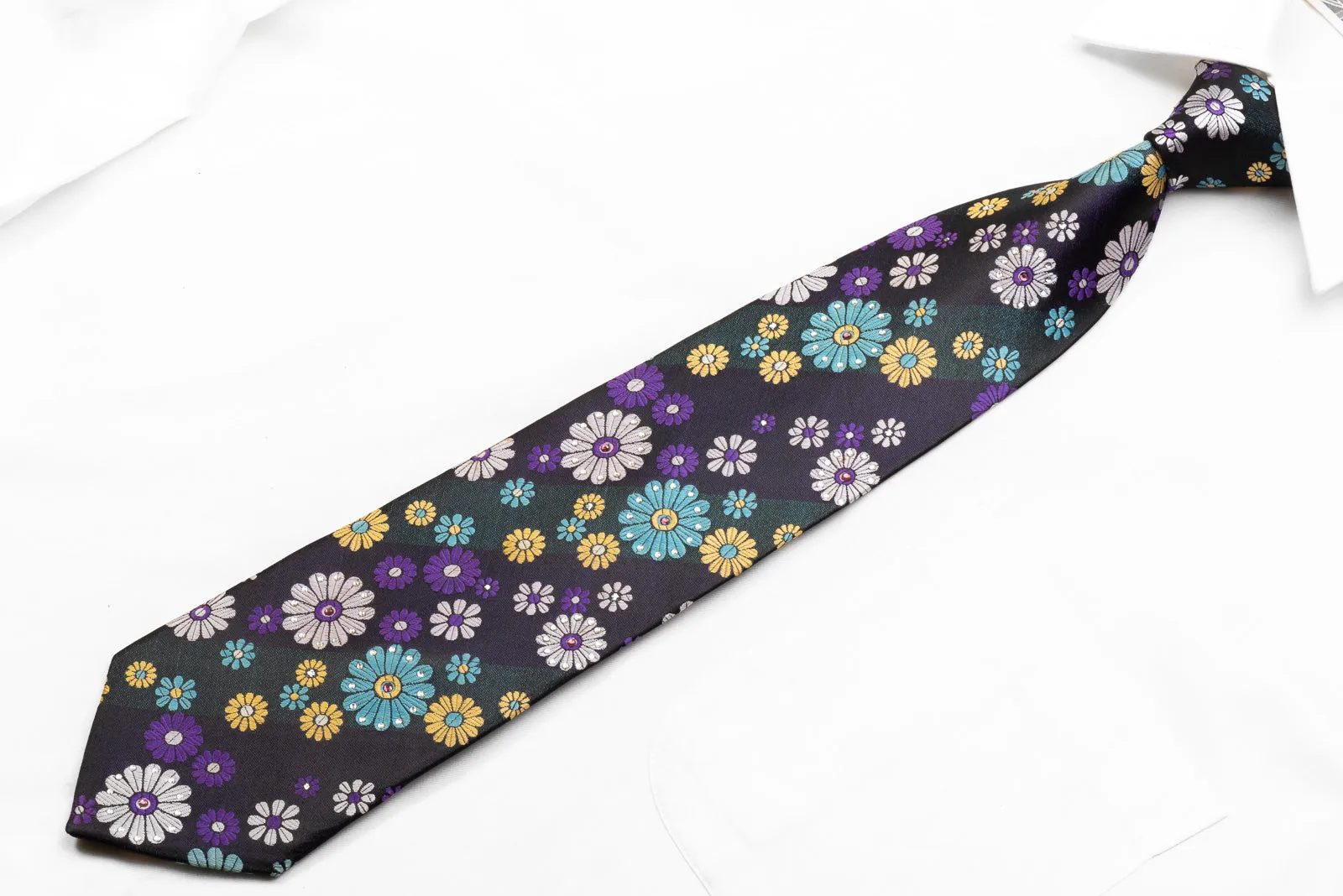 Grang Cia Men's Rhinestone Silk Necktie Floral On Navy With Sparkles