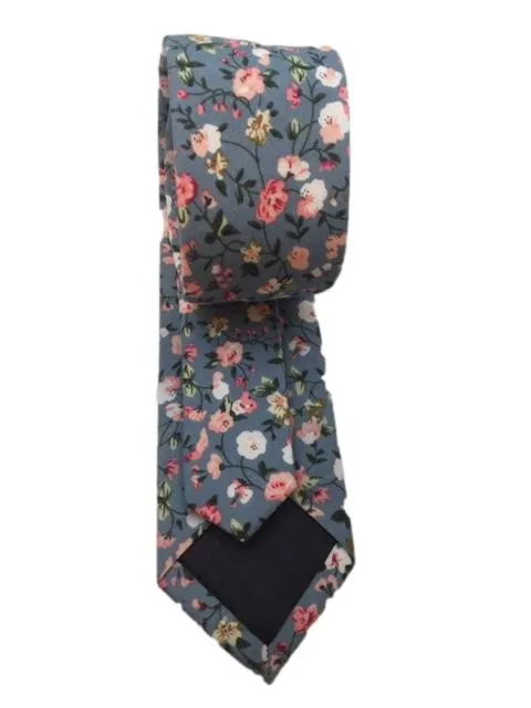 Gray Cotton Skinny Tie with Pink, Peach, White Flowers