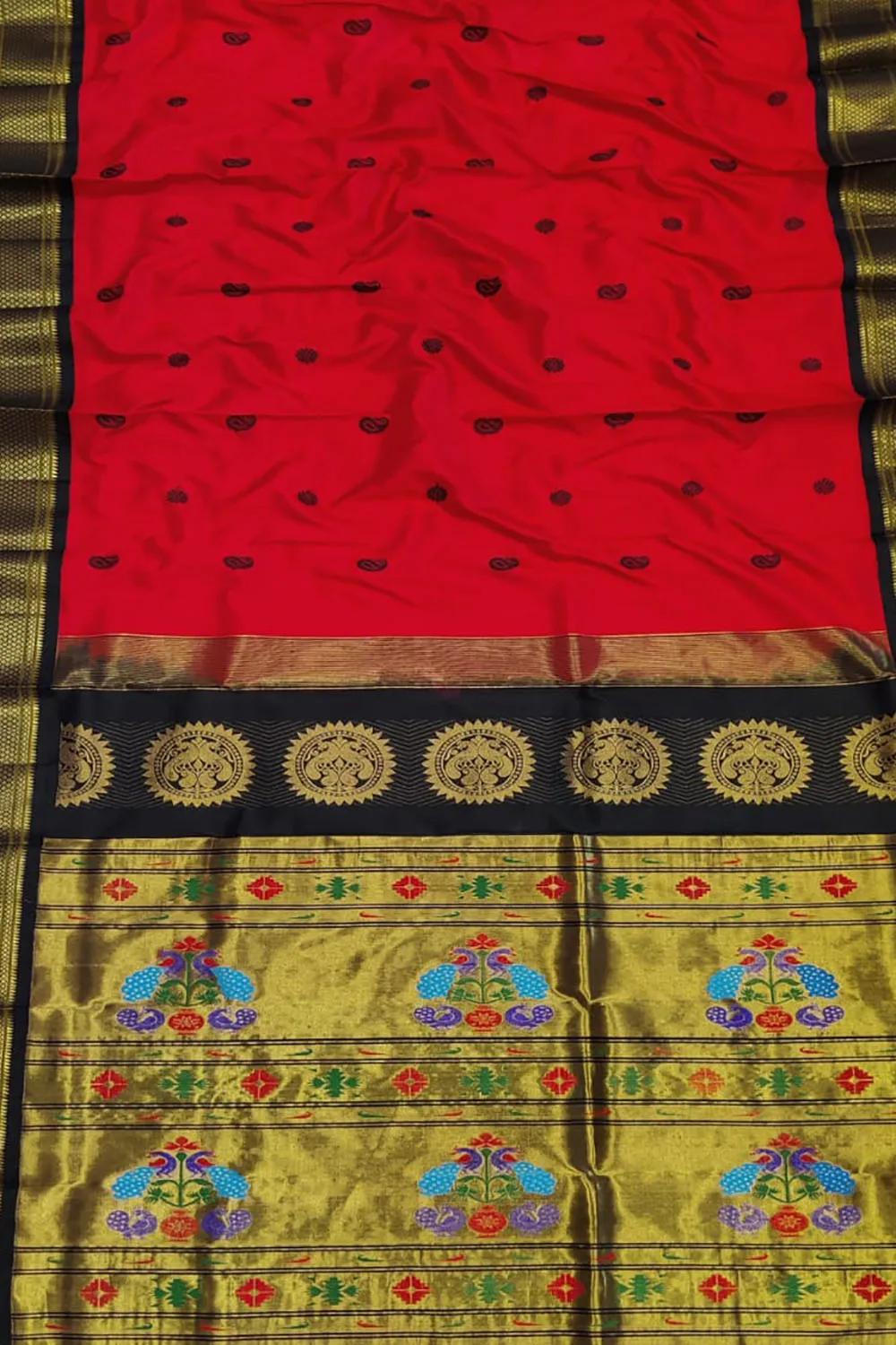 Handloom Silk Peacock Saree in Red and Black - Professional Ethnic Wear