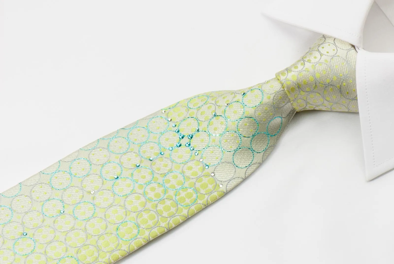 Harris Tone Rhinestone Silk Necktie Silver Geometric Design On Green With Sparkles